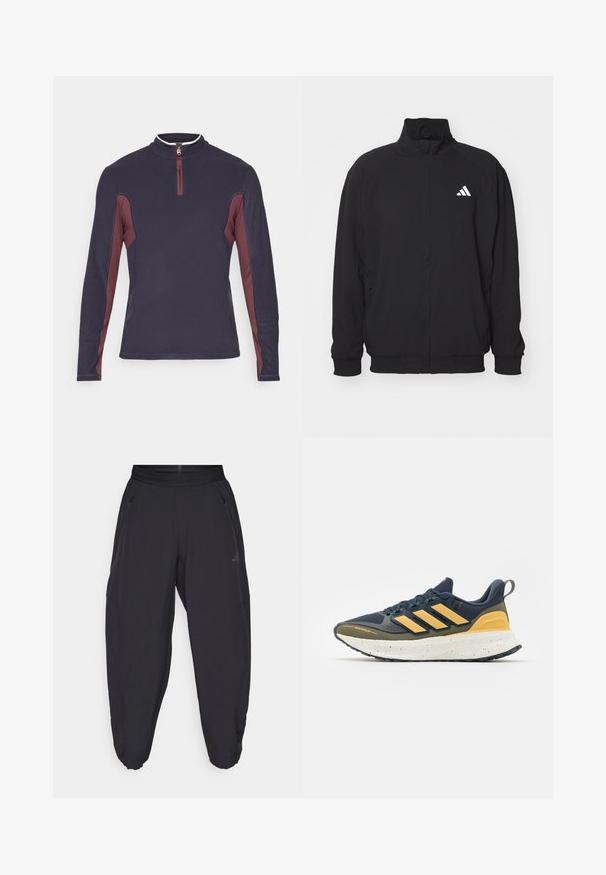Fekete, könnyű anyagból készült külsődzseki, magas gallérral, cipzáros záródással, rugalmas mandzsettákkal és fehér logóval a bal oldalon.; Tengerészkék, hosszú ujjú pulóver, bordó oldalsó panelekkel és negyed cipzáras gallérral, amelyen egy kis ezüst cipzárhúzó található.; Fekete sportnadrág, rugalmas derékkal, cipzáros oldalzsebekkel, szűkített lábakkal és diszkrét logóval a jobb combon.; Sötétkék sportcipő sárga részletekkel, texturált felsőrésszel, párnázott talppal és pettyezett középtalppal. Vízlepergető anyag.