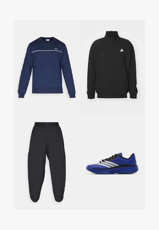 Casaco exterior preto feito de tecido leve, com colarinho alto, fecho de correr, punhos elásticos e um logo branco do lado esquerdo.; Sweatshirt azul marinho feito de tecido macio, com uma faixa horizontal branca, patch de logo no peito e detalhes de marca nas laterais das mangas.; Calças de desporto pretas com cintura elástica, bolsos laterais com fecho, pernas ajustadas e um logótipo discreto na coxa direita.; adidas Performance ADIZERO SELECT 3.0 - Sapatilhas de basquetebol - lucid blue/core black/metallic