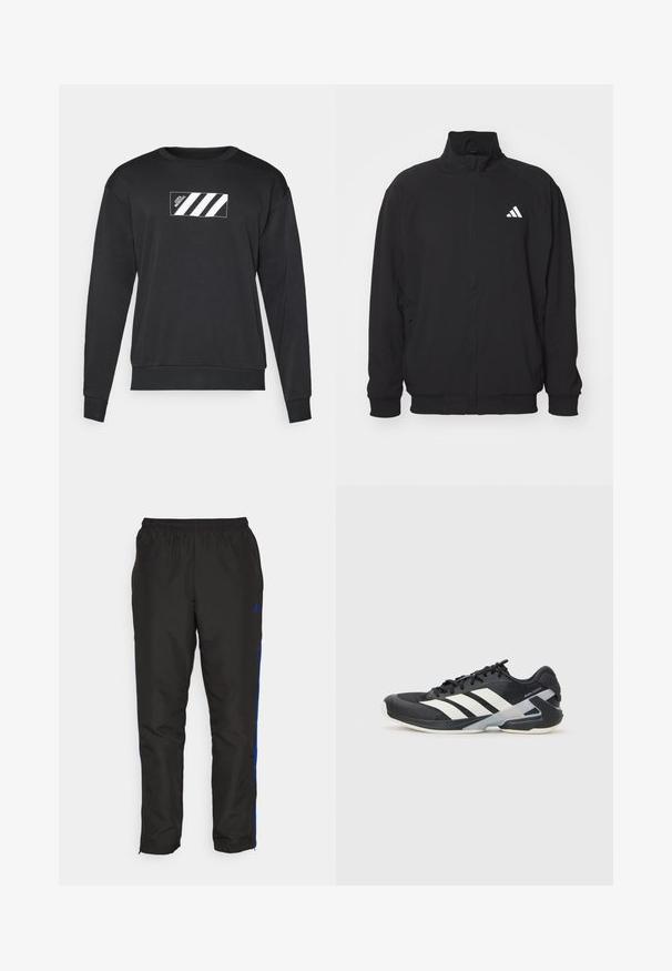 Chaqueta exterior negra hecha de un tejido ligero, con un alto cuello, cierre de cremallera, puños elásticos y un logo blanco en el lado izquierdo.; Sudadera negra confeccionada en una mezcla de algodón, con un diseño rectangular que presenta rayas blancas y un logo en la parte frontal. Cuello y puños acanalados.; Pantalones de chándal negros con franjas laterales azules, cinturilla elástica, textura suave y piernas ajustadas. Presenta un logo cerca de la cinturilla.; Zapatilla deportiva negra con franjas blancas, parte superior de malla, punta redondeada y suela acolchada. Presenta un talón texturizado y un sistema de cordones seguro.