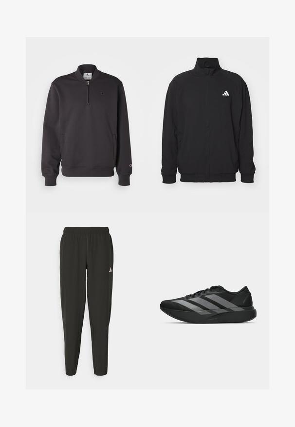 Chaqueta exterior negra hecha de un tejido ligero, con un alto cuello, cierre de cremallera, puños elásticos y un logo blanco en el lado izquierdo.; Sudadera negra de mezcla de algodón, con cuello de medio cremallera, dos bolsillos laterales, puños acanalados y un pequeño logo en el pecho.; Pantalones deportivos negros con cinturilla elástica, ajuste Slim y logo blanco en la pierna izquierda. Tejido suave y ligero.; Zapatillas deportivas negras con un diseño ligero, que presentan tres franjas grises prominentes, una textura suave y una suela contorneada.