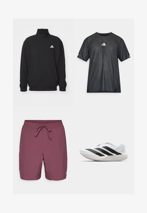 Fekete, könnyű anyagból készült külsődzseki, magas gallérral, cipzáros záródással, rugalmas mandzsettákkal és fehér logóval a bal oldalon.; Fekete atlétikai póló rövid ujjakkal, texturált átlós csíkos mintával, valamint fehér Adidas logóval a mellkason és az ujjakon.; Bordó úszónadrág, könnyű anyagból készült, elasztikus derékkal és zsinórral. Kicsi logó részlet az alján.; Világoskék, fekete csíkos könnyű futószerek. Simább felső résszel, kerek orral és vastag fehér középtalppal, amelyen a "LIGHTSTRIKE PRO" felirat olvasható.