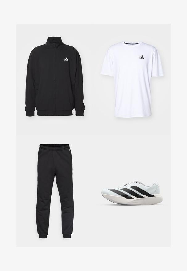 Svart ytterjacka i lätt material, med hög krage, dragkedjestängning, elastiska ärmslut och en vit logotyp på vänster sida.; Vit kortärmad t-shirt gjord av tyg med en slät textur. Har en svart adidas-logotyp på vänster bröst och en mönstrad krage.; Svarta sweatpants med elastiskt midjeband och muddar, tillverkade av mjukt tyg. Har en liten logotyp på vänster sida som detalj.; Lätta löparskor i ljusblått med svarta ränder. Har en slät ovandel, rund tå och tjock vit mellansula märkt "LIGHTSTRIKE PRO."