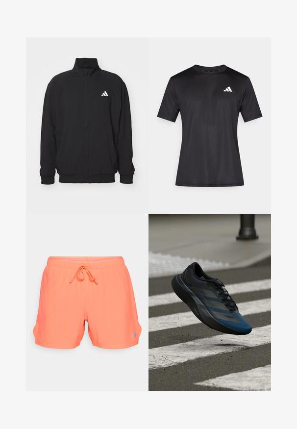 Svart ytterjakke laget av lett stoff, med høy krage, glidelås, elastiske ermer og en hvit logo på venstre side.; Svart atletisk t-skjorte laget av lett nettstoff, med korte ermer og en hvit logo på venstre bryst.; Neon orange treningsshorts med en pustende mesh tekstur, elastisk midjebånd med snøring, og sidelommer. Sølvlogo detalj på venstre side.; Svart og blå atletisk sko med en strømlinjeformet utforming, som har en teksturert overdel, kontrasterende striper og en polstret såle, svevende over fortauet.