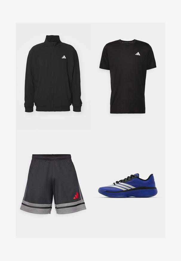 Musta ulkotakki, joka on valmistettu kevyestä kankaasta ja jossa on korkea kaulus, vetoketjusuljin, elastiset hihansuut ja valkoinen logo vasemmalla puolella.; Musta puuvillapaita lyhyillä hihoilla, pyöreä pääntie ja valkoinen logo vasemmassa rinnassa. Sujuva rakenne ja yksinkertainen muotoilu.; Mustat urheilushortsit, jotka on valmistettu kevyestä kankaasta. Siinä on harmaa raita helmassa ja punainen logo vasemmassa reidessä. Joustava vyötärö.; adidas Performance ADIZERO SELECT 3.0 - Koripallokengät - lucid blue/core black/metallic