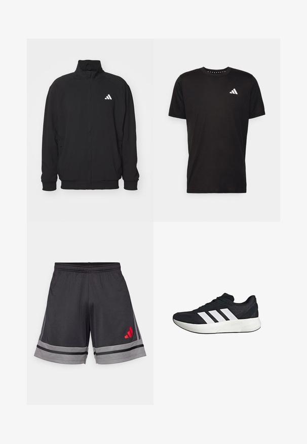 Czarna zewnętrzna kurtka wykonana z lekkiego materiału, z wysokim kołnierzem, zapięciem na zamek, elastycznymi mankietami oraz białym logo po lewej stronie.; Czarna bawełniana koszulka z krótkim rękawem, okrągłym dekoltem i białym logo na lewej piersi. Gładka tekstura i prosty design.; Czarne szorty sportowe wykonane z lekkiego materiału, z szarym paskiem na końcu i czerwonym logo na lewej udzie. Elastyczny pas.; Czarny sportowy but z oddychającą cholewką z siateczki, trzema białymi paskami po bokach, solidną gumową podeszwą i minimalistycznym wzornictwem.