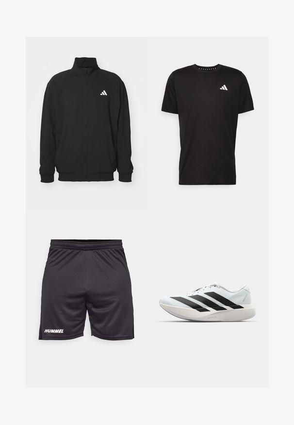 Svart ytterjacka i lätt material, med hög krage, dragkedjestängning, elastiska ärmslut och en vit logotyp på vänster sida.; Svart bomullströja med korta ärmar, rundad halsringning och en vit logotyp på vänster bröst. Slät textur och enkelt design.; Svarta träningsshorts i ett mjukt, lätt material. Har ett elastiskt midjeband och "HUMMEL"-logotypen i vitt på vänstra benet.; Lätta löparskor i ljusblått med svarta ränder. Har en slät ovandel, rund tå och tjock vit mellansula märkt "LIGHTSTRIKE PRO."