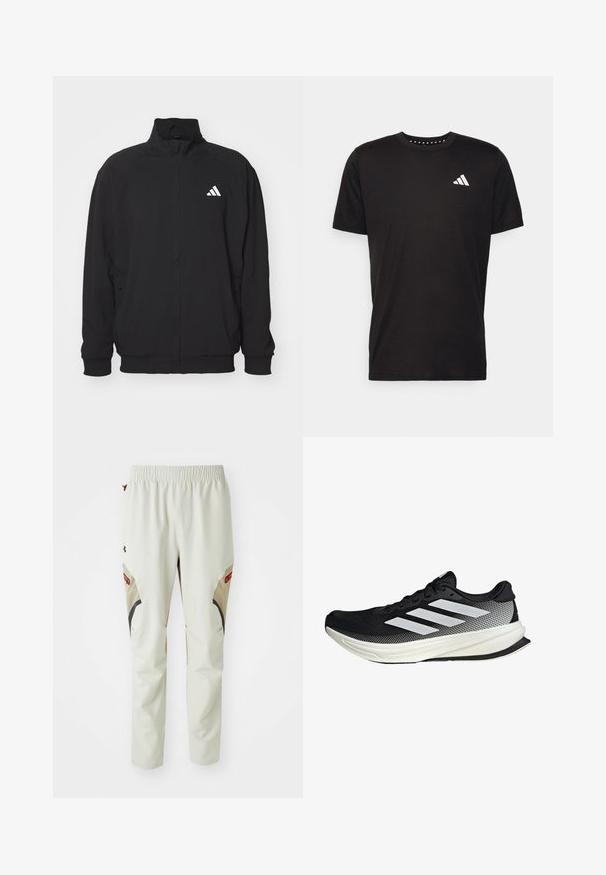 Crna vanjska jakna izrađena od lagane tkanine, s visokim ovratnikom, zatvaranjem na zip, elastičnim manžetama i bijelim logom s lijeve strane.; Crna pamučna majica s kratkim rukavima, okruglim izrezom i bijelim logotipom na lijevoj strani prsnog koša. Glatka tekstura i jednostavan dizajn.; Svijetlosmeđe hlače s elastičnom waistbandom, s crnim i smeškim naglascima i dva velika bočna džepa, izrađene od glatkog, izdržljivog materijala.; Crna atletska cipela s mrežastim dizajnom, koja ima bijele pruge, zaobljeni vrh i teksturiranu potplate za prianjanje i potporu.