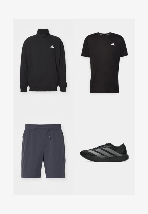 Schwarze Außenjacke aus leichtem Stoff, mit hochgeschlossenem Kragen, Reißverschluss, elastischen Bündchen und einem weißen Logo auf der linken Seite.; Schwarzes Baumwoll-T-Shirt mit kurzen Ärmeln, Rundhalsausschnitt und einem weißen Logo auf der linken Brust. Glatte Textur und einfaches Design.; Dunkelgraue Shorts mit elastischem Bund und Kordelzug. Glattes Material, zwei Seitentaschen und knielanger Schnitt. Keine sichtbaren Muster.; Schwarze Sportschuhe mit einem leichten Design, ausgestattet mit drei auffälligen grauen Streifen, einer glatten Textur und einer konturierten Sohle.