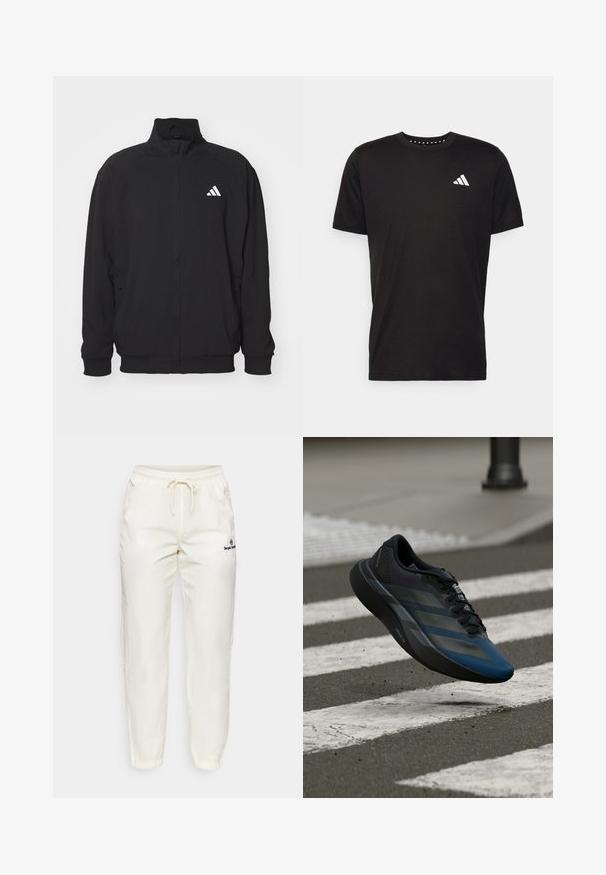 Black outer jacket made of lightweight fabric, featuring a high collar, zip closure, elastic cuffs, and a white logo on the left side.; Black cotton t-shirt with short sleeves, crew neckline, and a white logo on the left chest. Smooth texture and simple design.; Cream-colored, lightweight fabric pants with an elastic waistband and drawstring. Features tapered legs and a small black logo detail.; Black and blue athletic shoe with a streamlined design, featuring a textured upper, contrasting stripes, and a cushioned sole, hovering over pavement.