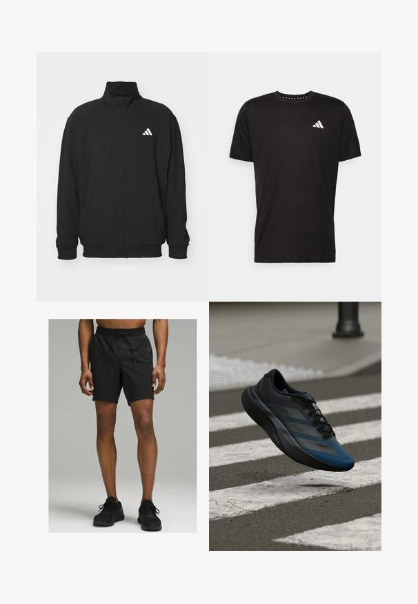 Juodas išorinis švarkas, pagamintas iš lengvos medžiagos, su aukštu apykaklės dizainu, užtrauktuku, elastinėmis rankogaliais ir balta logotipu kairėje pusėje.; Juodas medvilnės marškinėliai trumpomis rankovėmis, su apvalia iškirpte ir balta logo kairiajame krūtinės šone. Lygus tekstūra ir paprastas dizainas.; Juodi sportiniai šortai su elastine juosmeniu ir raišteliu, kelio ilgio, pagaminti iš lygaus, lengvo audinio.; Juodos ir mėlynos spalvų sportinė batus su aptakiu dizainu, tekstūruotu viršumi, kontrastingomis juostelėmis ir paminkštinta padu, kybantis virš šaligatvio.