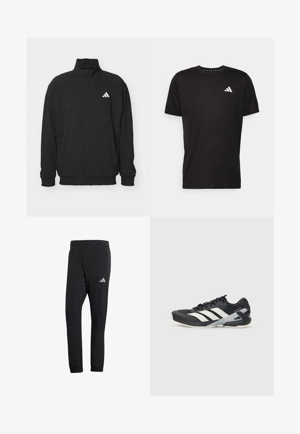 Jachetă exterioară neagră confecționată dintr-un material ușor, având un guler înalt, închidere cu fermoar, manșete elastice și un logo alb pe partea stângă.; Tricou negru din bumbac, cu mâneci scurte, de tip crew neckline, cu un logo alb pe pieptul stâng. Textură netedă și design simplu.; Pantaloni sport din material negru, cu o croială ajustată, confecționați dintr-un material neted. Au buzunare laterale și un logo reflectorizant pe coapsa stângă, în partea de sus.; Pantofii sport negri cu dungi albe, superior din plasă, vârf rotunjit și talpă îmbunătățită pentru amortizare. Au o călcătură texturată și un sistem de șireturi securizat.