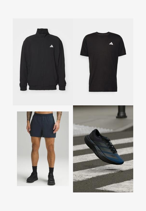 Juodas išorinis švarkas, pagamintas iš lengvos medžiagos, su aukštu apykaklės dizainu, užtrauktuku, elastinėmis rankogaliais ir balta logotipu kairėje pusėje.; Juodas medvilnės marškinėliai trumpomis rankovėmis, su apvalia iškirpte ir balta logo kairiajame krūtinės šone. Lygus tekstūra ir paprastas dizainas.; Jūros mėlynos sportinės šortai su elastingu juosmeniu, pagaminti iš lengvos medžiagos. Lygus paviršius ir ilgio virš kelių.; Juodos ir mėlynos spalvų sportinė batus su aptakiu dizainu, tekstūruotu viršumi, kontrastingomis juostelėmis ir paminkštinta padu, kybantis virš šaligatvio.