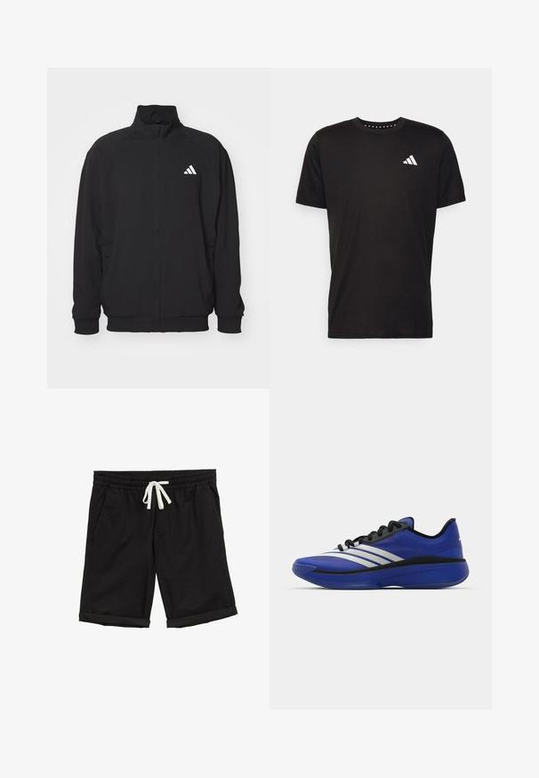 Giacca esterna nera realizzata in tessuto leggero, con colletto alto, chiusura con zip, polsini elasticizzati e logo bianco sul lato sinistro.; T-shirt in cotone nero con maniche corte, scollo rotondo e logo bianco sul lato sinistro del petto. Texture liscia e design semplice.; Pantaloni corti neri con vita elastica, coulisse bianca, tasche laterali e orli arrotolati, realizzati in un materiale leggero e liscio.; adidas Performance ADIZERO SELECT 3.0 - Scarpe da basket - lucid blue/core black/metallic