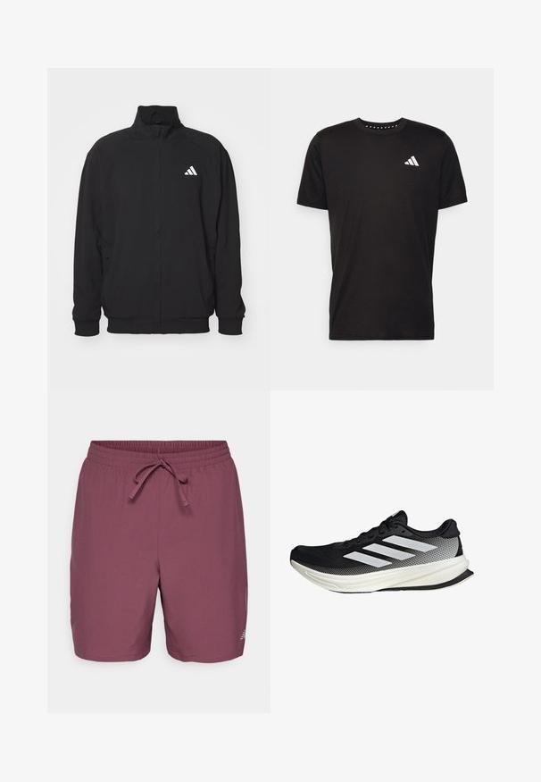 Čierna vonkajšia bunda vyrobená z ľahkej tkaniny, so zvýšeným golierom, zapínaním na zips, elastickými manžetami a bielym logom na ľavej strane.; Čierne bavlnené tričko s krátkymi rukávmi, klasickým výstrihom a bielym logom na ľavej strane hrude. Hladká textúra a jednoduchý dizajn.; Bordové plavky vyrobené z ľahkého materiálu, s elastickým pásom a šnúrkou na stiahnutie. Malá logo nášivka na spodnej strane.; Čierna atletická topánka s dizajnom z mriežky, s bielymi prúžkami, zaoblenou špičkou a textúrovanou podrážkou pre lepšiu priľnavosť a podporu.