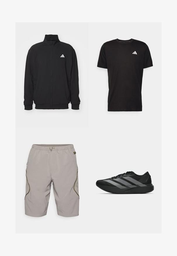 Zwarte buitenjack gemaakt van lichtgewicht stof, met een hoge kraag, ritssluiting, elastische manchetten en een wit logo aan de linkerkant.; Zwarte katoenen t-shirt met korte mouwen, ronde hals en een wit logo op de linkerkant van de borst. Gladde textuur en eenvoudig ontwerp.; Beige shorts met een gestructureerd patroon, elastische tailleband, trekkoord en zijaccenten. Bevat mesh panelen voor ademend vermogen.; Zwarte sportieve schoenen met een lichtgewicht ontwerp, voorzien van drie opvallende grijze strepen, een gladde textuur en een gevormde zool.