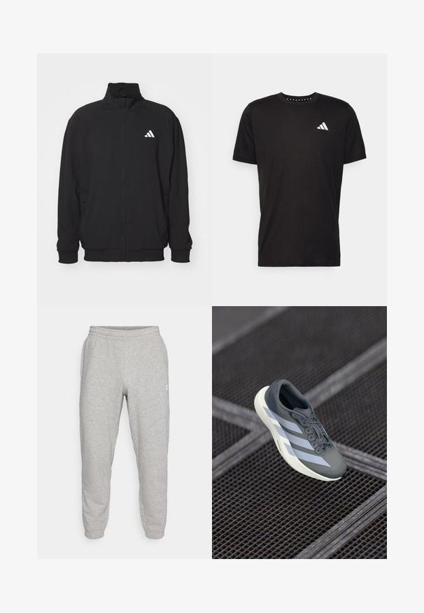 Schwarze Außenjacke aus leichtem Stoff, mit hochgeschlossenem Kragen, Reißverschluss, elastischen Bündchen und einem weißen Logo auf der linken Seite.; Schwarzes Baumwoll-T-Shirt mit kurzen Ärmeln, Rundhalsausschnitt und einem weißen Logo auf der linken Brust. Glatte Textur und einfaches Design.; Graue Jogginghosen mit schmalem Schnitt, elastischem Bund und Bündchen. Weicher Stoff mit dezenter Textur. Mit kleinem weißen Logo an der Seite.; Sportsschuh in Grau und Weiß, aus synthetischem Material gefertigt, mit einem schlanken Design, strukturiertem Finish und ausgeprägtem Schnürsystem.