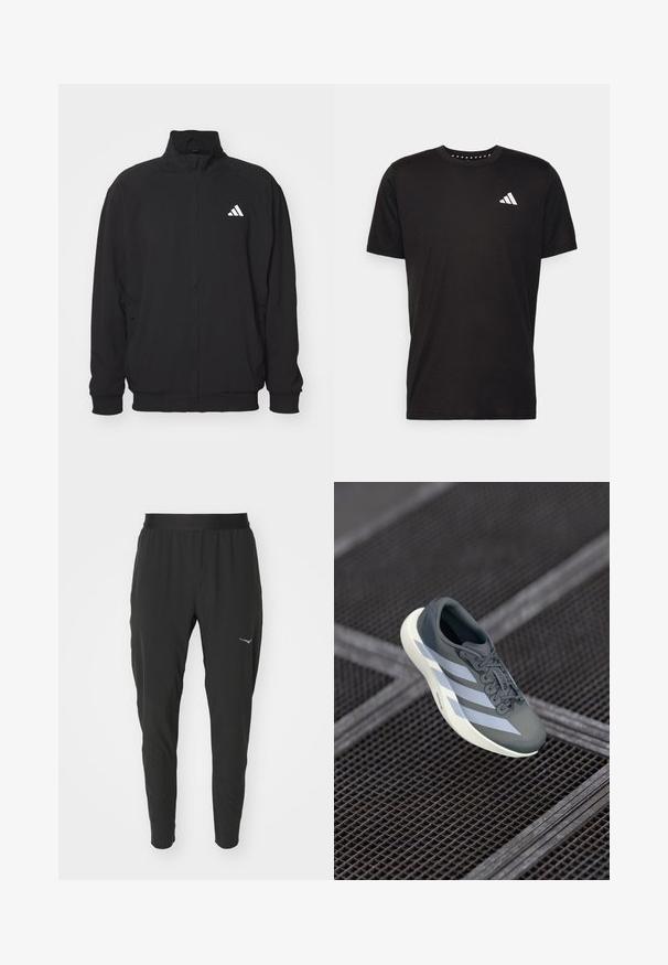 Čierna vonkajšia bunda vyrobená z ľahkej tkaniny, so zvýšeným golierom, zapínaním na zips, elastickými manžetami a bielym logom na ľavej strane.; Čierne bavlnené tričko s krátkymi rukávmi, klasickým výstrihom a bielym logom na ľavej strane hrude. Hladká textúra a jednoduchý dizajn.; Čierne športové nohavice so zúženým strihom, elastickým pásom a malým modrým logom na ľavej strane. Mäkká, ľahká tkanina.; Športová obuv v šedej a bielej farbe, vyrobená z umelých materiálov, s aerodynamickým dizajnom, textúrovaným povrchom a výrazným šnurovacím systémom.