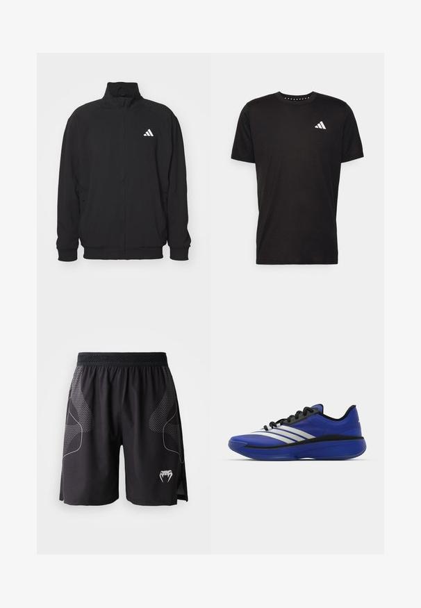 Casaco exterior preto feito de tecido leve, com colarinho alto, fecho de correr, punhos elásticos e um logo branco do lado esquerdo.; T-shirt de algodão preto com mangas curtas, decote redondo e um logo branco no lado esquerdo do peito. Textura suave e design simples.; Calções de desporto pretos com painéis laterais texturizados, cintura elástica e um logo de cobra com presas brancas na parte inferior da perna esquerda.; adidas Performance ADIZERO SELECT 3.0 - Sapatilhas de basquetebol - lucid blue/core black/metallic