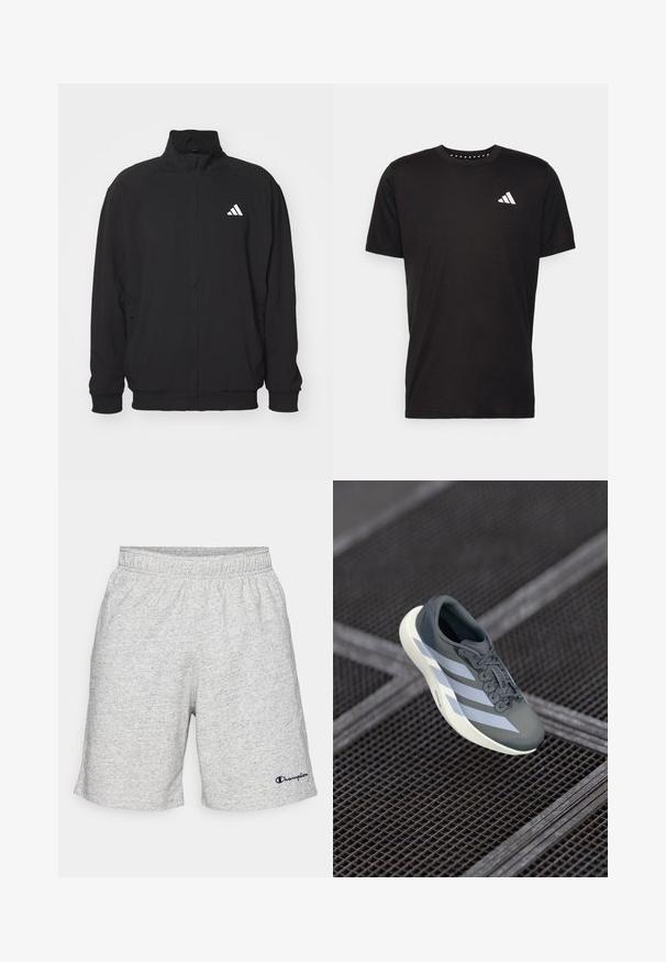 Čierna vonkajšia bunda vyrobená z ľahkej tkaniny, so zvýšeným golierom, zapínaním na zips, elastickými manžetami a bielym logom na ľavej strane.; Čierne bavlnené tričko s krátkymi rukávmi, klasickým výstrihom a bielym logom na ľavej strane hrude. Hladká textúra a jednoduchý dizajn.; Šedé šortky z materiálu pripomínajúceho dres s elastickým pásom a námornícko-modrým logom "Champion" na dolnej ľavej strane.; Športová obuv v šedej a bielej farbe, vyrobená z umelých materiálov, s aerodynamickým dizajnom, textúrovaným povrchom a výrazným šnurovacím systémom.