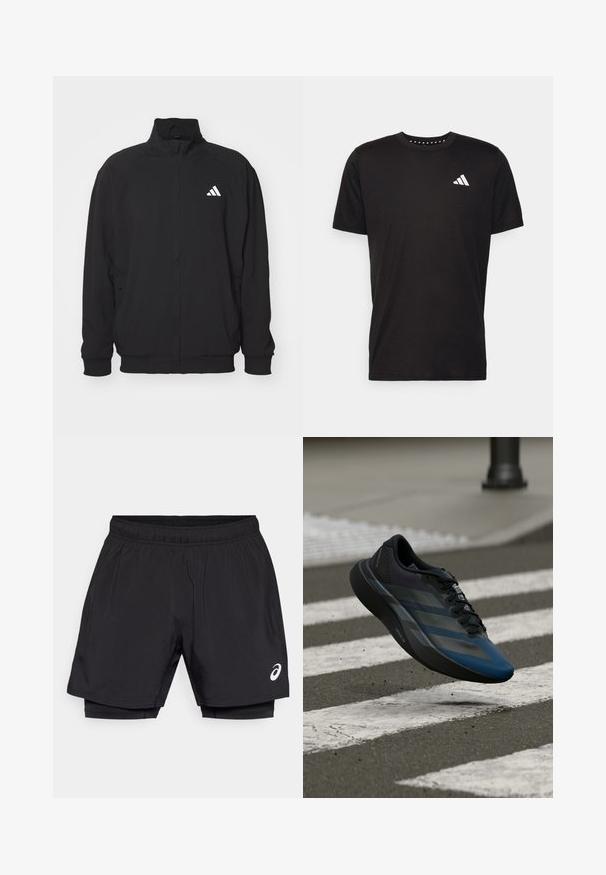 Černá vnější bunda vyrobená z lehkého materiálu, s vysokým límcem, zipovým zapínáním, elastickými manžetami a bílým logem na levé straně.; Černé bavlněné tričko s krátkým rukávem, kulatým výstřihem a bílým logem na levé hrudi. Hladká textura a jednoduchý design.; Černé sportovní šortky s elastickým pasem, disponující lehkým vnějším vrstvou a integrovanou kompresní podšívkou. Malý logo detail na straně.; Černá a modrá sportovní obuv s aerodynamickým designem, s texturovaným svrškem, kontrastními pruhy a polstrovanou podešví, visící nad chodníkem.