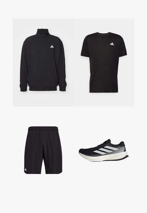 Crna vanjska jakna izrađena od lagane tkanine, s visokim ovratnikom, zatvaranjem na zip, elastičnim manžetama i bijelim logom s lijeve strane.; Crna pamučna majica s kratkim rukavima, okruglim izrezom i bijelim logotipom na lijevoj strani prsnog koša. Glatka tekstura i jednostavan dizajn.; Crne sportske kratke hlače s elastičnom trakom u struku. Izrađene od lagane tkanine, s blagom teksturom i malim bijelim logom.; Crna atletska cipela s mrežastim dizajnom, koja ima bijele pruge, zaobljeni vrh i teksturiranu potplate za prianjanje i potporu.
