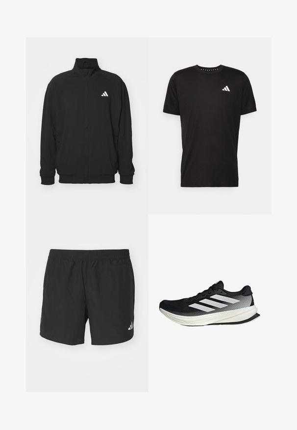 Veste extérieure noire en tissu léger, avec un col haut, fermeture éclair, poignets élastiques et un logo blanc sur le côté gauche.; T-shirt en coton noir à manches courtes, décolleté rond et logo blanc sur la poitrine gauche. Texture lisse et design simple.; Shorts de sport noirs avec une taille élastique, des fentes sur les côtés et des accents de logo réfléchissants. Fabriqués en tissu léger et lisse.; Chaussure de sport noire avec un design en maille, ornée de rayures blanches, à bout arrondi et avec une semelle texturée pour une meilleure adhérence et un soutien accru.