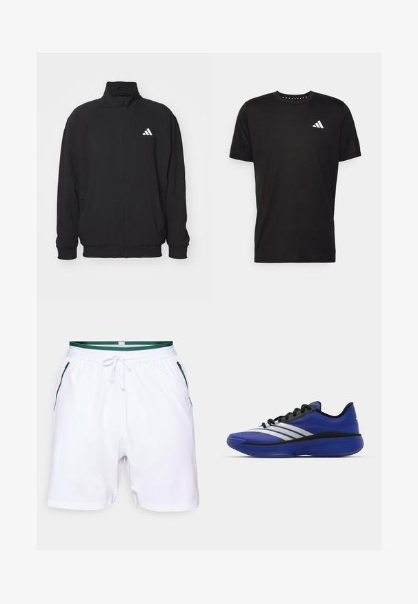 Fekete, könnyű anyagból készült külsődzseki, magas gallérral, cipzáros záródással, rugalmas mandzsettákkal és fehér logóval a bal oldalon.; Fekete pamut póló rövid ujjal, kerek nyakkivágással, bal mellrészen fehér logóval. Sima textúra és egyszerű dizájn.; Fehér sportnadrág zöld csíkozott derékkal, kontrasztos kék cipzáros zsebekkel és sima textúrával. Normál szabású dizájn.; adidas Performance ADIZERO SELECT 3.0 - Kosárlabdacipők - lucid blue/core black/metallic