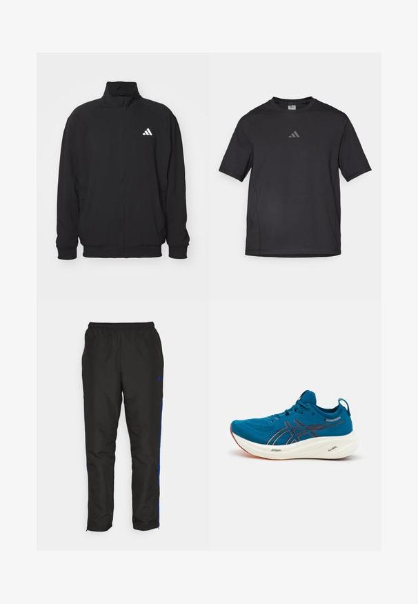 Black outer jacket made of lightweight fabric, featuring a high collar, zip closure, elastic cuffs, and a white logo on the left side.; Black athletic t-shirt made of breathable material, featuring short sleeves, a round neck, and a reflective logo on the chest.; Black track pants with blue side stripes, elastic waistband, smooth texture, and tapered legs. Features logo near the waistband.; ASICS GEL-NIMBUS 26 - Road running shoes - rich navy/faded orange