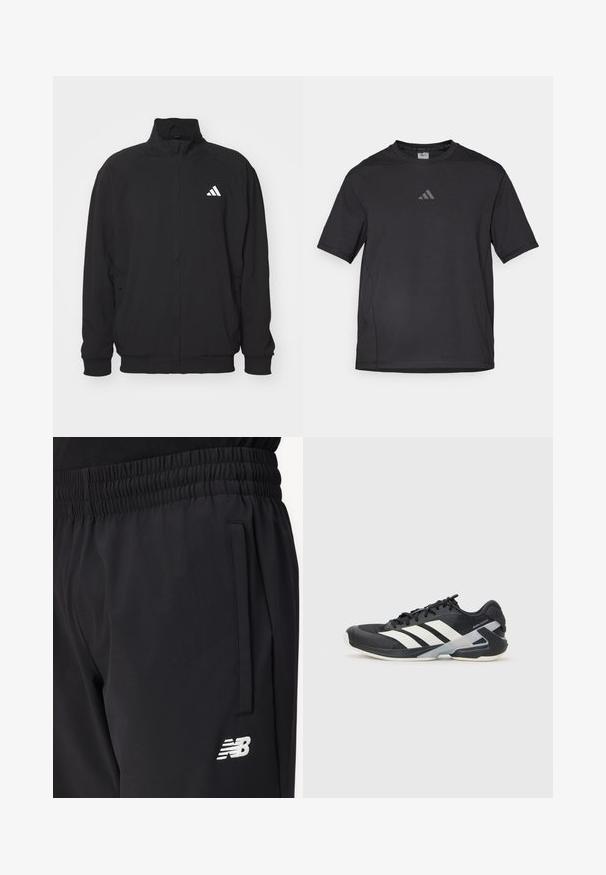 Schwarze Außenjacke aus leichtem Stoff, mit hochgeschlossenem Kragen, Reißverschluss, elastischen Bündchen und einem weißen Logo auf der linken Seite.; Schwarzes Sport-T-Shirt aus atmungsaktivem Material, mit kurzen Ärmeln, rundem Ausschnitt und einem reflexiven Logo auf der Brust.; Schwarze Sporthosen mit elastischem Bund, seitlicher Tasche und weißem New Balance-Logo auf dem Oberschenkel.; Schwarzer Sportschuh mit weißen Streifen, Obermaterial aus Mesh, runde Zehenform und gepolstertem Sohlenteil. Verfügt über eine strukturierte Ferse und ein sicheres Schnürsystem.