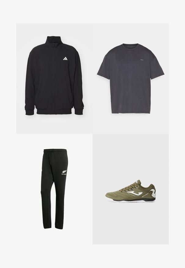 Schwarze Außenjacke aus leichtem Stoff, mit hochgeschlossenem Kragen, Reißverschluss, elastischen Bündchen und einem weißen Logo auf der linken Seite.; Dunkelgraues T-Shirt mit kurzen Ärmeln, aus Baumwolle, mit Rundhalsausschnitt und kleinem Logo auf der Vorderseite. Weiche Textur und lässiger Schnitt.; Schwarze Sweatpants aus einem Baumwollmischgewebe, mit einem elastischen Bund und einem Kordelzug, sowie einem weißen "All Blacks"-Logo auf dem linken Bein.; Olivgrüner Sportschuh mit weißen Akzenten, strukturiertem Lederobermaterial, gepolstertem Schaft und Gummisohle. Verfügt über ein Logo an der Seite.