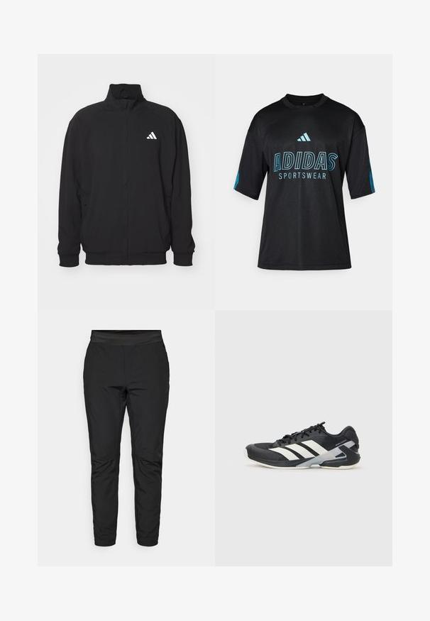 Černá vnější bunda vyrobená z lehkého materiálu, s vysokým límcem, zipovým zapínáním, elastickými manžetami a bílým logem na levé straně.; Černé sportovní tričko Adidas s síťovanou texturou, krátkými rukávy, kulatým límcem a modrým logem a textovými detaily na přední části a rukávech.; Černé elastické kalhoty s těsným střihem, elastickým páskem a kapsami na zip. Hladká textura s mírně lesklým povrchem.; Černá sportovní obuv s bílými pruhy, síťovaným svrškem, zaoblenou špičkou a polstrovanou podrážkou. Obsahuje texturovanou patu a bezpečný systém šněrování.
