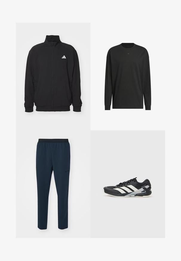 Fekete, könnyű anyagból készült külsődzseki, magas gallérral, cipzáros záródással, rugalmas mandzsettákkal és fehér logóval a bal oldalon.; Fekete hosszú ujjú póló puha pamutból, kerek nyakkal, laza szabással és kis logóval a mellkason.; adidas Terrex MT - Tréningruha alsók - aurora ink; Fekete sportcipő fehér csíkokkal, hálós felsőrész, kerek orr és párnázott talp. Texturált sarokkal és biztonságos fűzőrendszerrel rendelkezik.