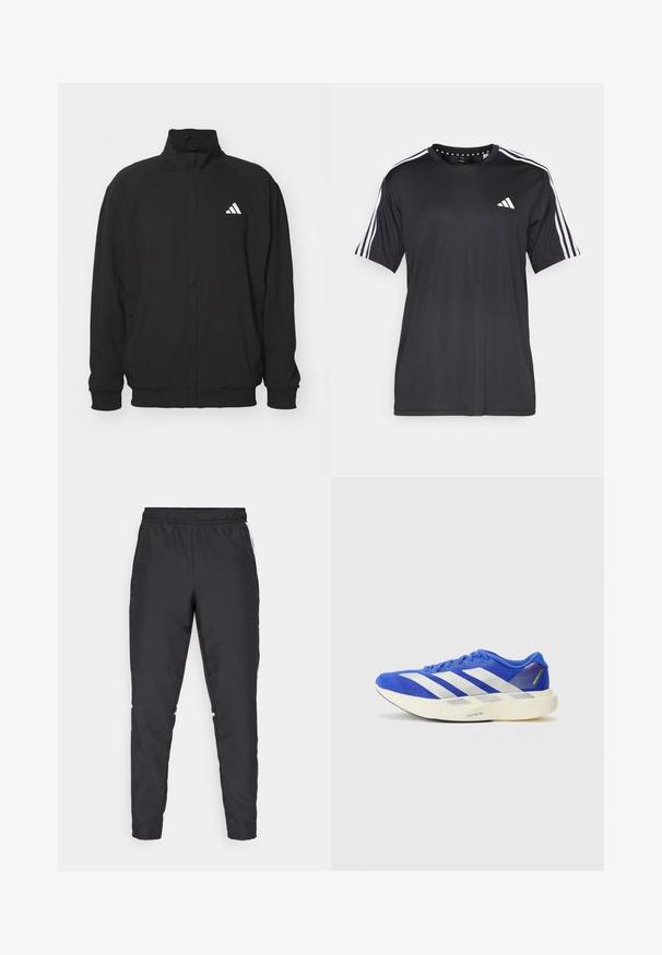 Sort yderjakke lavet af letvægtsstof, med høj krave, lynlås lukning, elastiske manchetter og et hvidt logo på venstre side.; Sort kortærmet t-shirt med hvidt tre-stribedesign på skuldrene og logo på brystet. Lavet af åndbart stof med en glat tekstur.; Sorte atletiske bukser med elastisk talje, snævre ben og hvide sidelæggi. Fremstillet af syntetisk materiale med en glat overflade.; Blå løbesko med mesh-overdel, fremtrædende hvide striber og en tekstureret ydersål. Accenteret med grønne og grå detaljer.