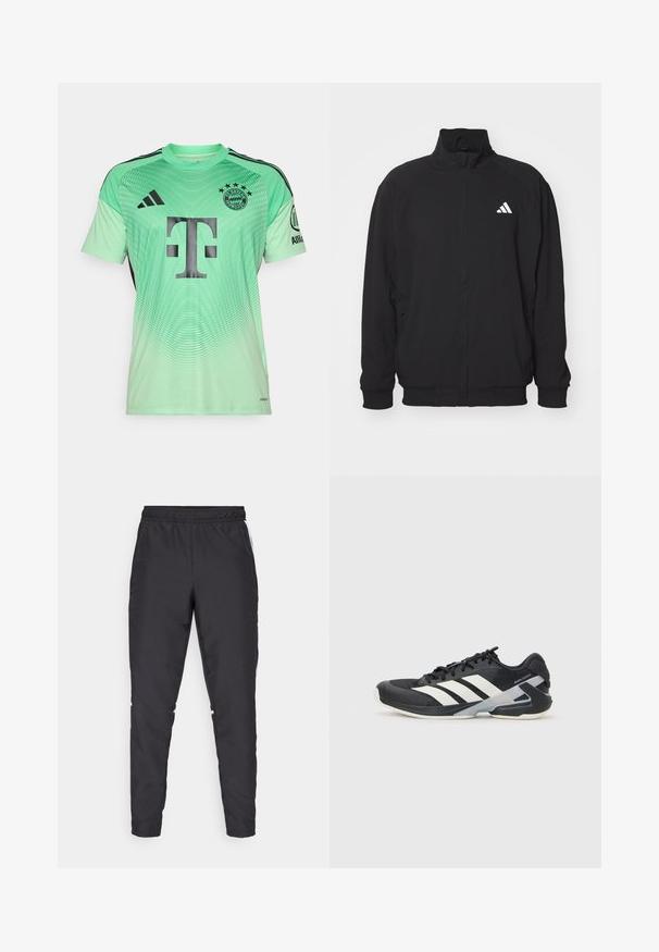 Veste extérieure noire en tissu léger, avec un col haut, fermeture éclair, poignets élastiques et un logo blanc sur le côté gauche.; Maillot de football vert menthe avec des accents noirs, design dégradé, présentant un grand logo noir au centre et un emblème d'équipe en haut à gauche.; Pantalons de sport noirs avec une taille élastique, des jambes fuselées et des accents blancs sur les côtés. Fabriqués à partir de matériau synthétique avec une texture lisse.; Chaussure de sport noire avec des rayures blanches, tige en mesh, bout arrondi et semelle rembourrée. Comprend un talon texturé et un système de laçage sécurisé.