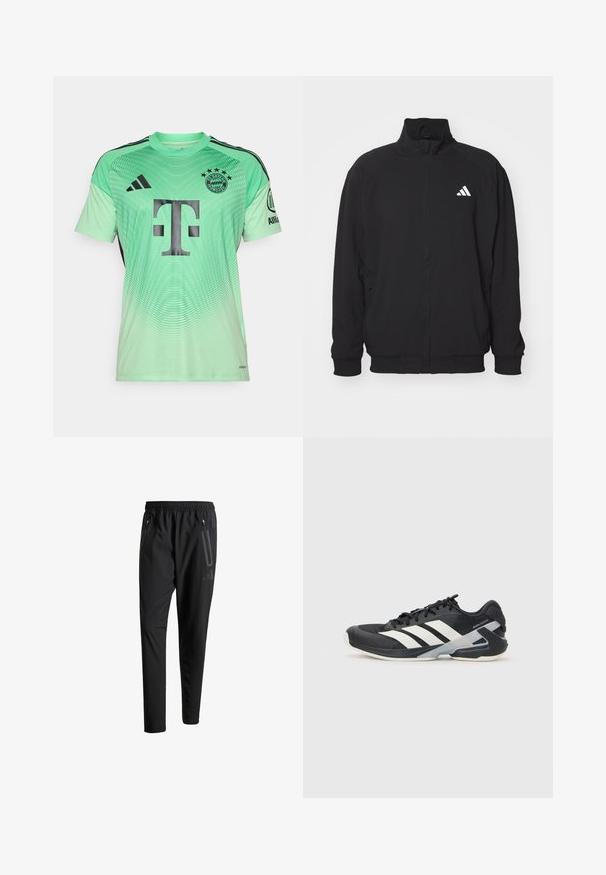 Crna vanjska jakna izrađena od lagane tkanine, s visokim ovratnikom, zatvaranjem na zip, elastičnim manžetama i bijelim logom s lijeve strane.; Pelešasta nogometna majica mint zelene boje s crnim naglasima, s gradijentnim dizajnom, koja ima veliki crni logotip u središtu i timski grb na gornjem lijevom dijelu.; Crne atletske hlače s elastičnim pojasom, dva bočna džepa sa zatvaračem, suženi nogavici i diskretnim logotipom na kuku.; Crne atletske cipele s bijelim prugama, mrežasta gornja strana, zaobljeni prst i podstavljeni đon. Imaju teksturiranu petu i siguran sustav vezivanja.