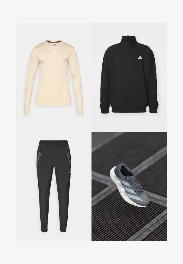 Czarna zewnętrzna kurtka wykonana z lekkiego materiału, z wysokim kołnierzem, zapięciem na zamek, elastycznymi mankietami oraz białym logo po lewej stronie.; ASICS ROAD beżowy; adidas Performance REAL MADRID VISTECH czarny; Buty sportowe w kolorze szarym i białym, wykonane z materiałów syntetycznych, o smukłej konstrukcji, teksturowanym wykończeniu oraz wyraźnym systemie sznurowania.