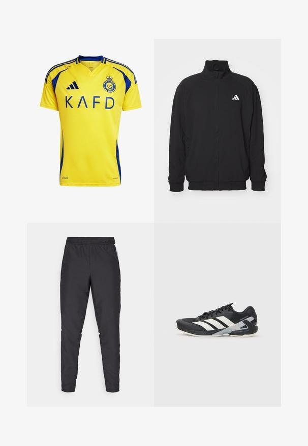 Musta ulkotakki, joka on valmistettu kevyestä kankaasta ja jossa on korkea kaulus, vetoketjusuljin, elastiset hihansuut ja valkoinen logo vasemmalla puolella.; Keltainen jalkapallopaita sinisillä yksityiskohdilla, jossa on V-kaula-aukko, lyhyet hihat ja "KAFD" painettuna paksulla sinisellä tekstillä.; Mustat urheiluhousut, joissa on joustava vyötärö, kapenevat lahkeet ja valkoiset sivuakkentit. Valmistettu synteettisestä materiaalista, jossa on sileä tekstuuri.; Mustat urheilukengät valkoisilla raidoilla, verkkomateriaalia ylhäällä, pyöristetty kärki ja pehmustettu pohja. Varustettu teksturoidulla kantapäällä ja turvallisella nauhoitusjärjestelmällä.