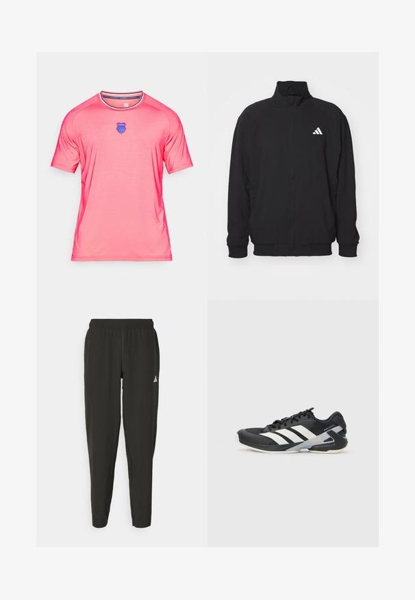 Must kandjast valmistatud kergest kangast, millel on kõrge krae, lukuga sulgemine, elastsed mansetid ja valge logo vasakul küljel.; Roosa lühikeste varrukatega T-särk, mis on valmistatud siledast ja kergest kangast. Omab ümmargust kaelust ja sinist embleemi rinnal.; Mustavad spordipüksid elastse vöökoha, kitsas lõige ja valge logo vasakul jalal. Sile, kerge kangas.; Mustad sportlik jalanõud mustade värvidega, valgete triipudega, võrgusilma pealmine osa, ümar varvas ja pehme tallaga. Omab tekstureeritud kontsa ja kindlat paeltesüsteemi.