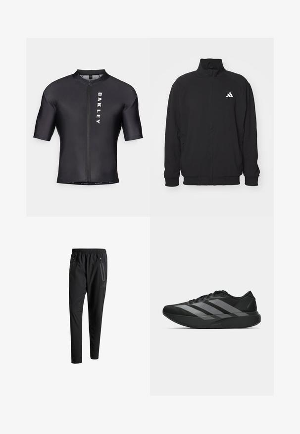 Chaqueta exterior negra hecha de un tejido ligero, con un alto cuello, cierre de cremallera, puños elásticos y un logo blanco en el lado izquierdo.; Jersey de ciclismo de manga corta hecho de tela negra y suave. Presenta una cremallera frontal y "OAKLEY" impreso en blanco en el lado izquierdo.; Pantalones deportivos negros con una cintura elástica, dos bolsillos laterales con cremallera, piernas ajustadas y un discreto detalle de logo en la cadera.; Zapatillas deportivas negras con un diseño ligero, que presentan tres franjas grises prominentes, una textura suave y una suela contorneada.