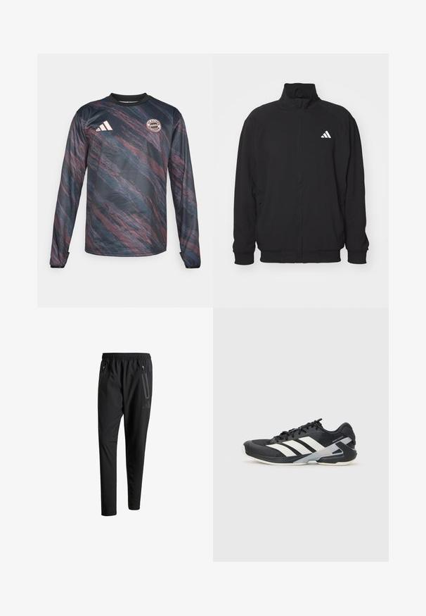 Svart ytterjakke laget av lett stoff, med høy krage, glidelås, elastiske ermer og en hvit logo på venstre side.; Langermet trøye i mørkeblå og bordeaux med et teksturert, bølgete mønster. Har en svart krage og FC Bayern München-logo på brystet.; Svarte treningsbukser med elastisk liv, to glidelåslommer på sidene, avsmalnende ben og en subtil logo detalj ved hoften.; Svart treningssko med hvite striper, mesh-overdel, avrundet tå og polstret såle. Har en teksturert hæl og et sikkert snøresystem.