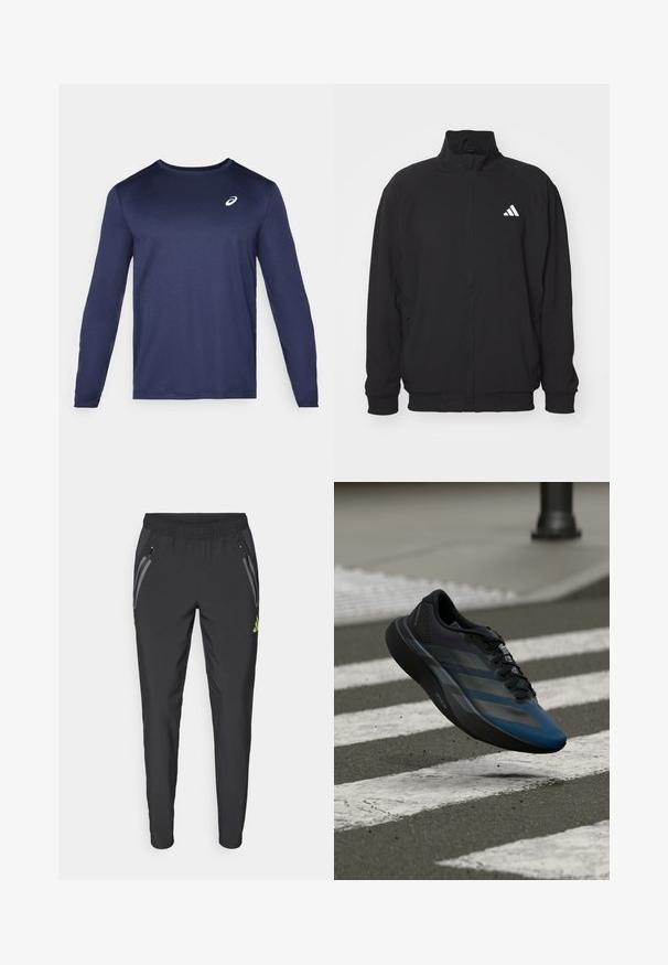 Giacca esterna nera realizzata in tessuto leggero, con colletto alto, chiusura con zip, polsini elasticizzati e logo bianco sul lato sinistro.; Maglietta sportiva a maniche lunghe di colore blu navy, realizzata in un tessuto liscio. Presenta un collo rotondo e un piccolo logo bianco sul petto.; adidas Performance REAL MADRID TIRO25 PRO VIS TECH TRAVEL PANT - Squadra - black/lucid lemon; Scarpa sportiva nera e blu con un design aerodinamico, presenta una tomaia testurizzata, strisce a contrasto e una suola ammortizzata, sospesa sopra l'asfalto.