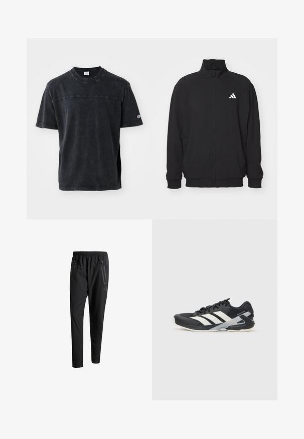 Sort yderjakke lavet af letvægtsstof, med høj krave, lynlås lukning, elastiske manchetter og et hvidt logo på venstre side.; Sort kortærmet t-shirt lavet af bomuld, med rund hals, diskret logo detalje på brystet og kontraststing langs skuldrene.; Sorte atletiske bukser med elastisk talje, to lynlåslommer på siden, tætsiddende ben og en diskret logo-detalje på hoften.; Sort sportsko med hvide striber, mesh-overdel, rund tå og dæmpet sål. Har en tekstureret hæl og et sikkert snøresystem.