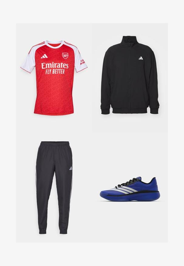 Veste extérieure noire en tissu léger, avec un col haut, fermeture éclair, poignets élastiques et un logo blanc sur le côté gauche.; Maillot de football rouge avec des accents blancs, présentant un motif géométrique, un col rond et le logo d'Arsenal, ainsi que la marque "Emirates Fly Better".; Pantalons de sport noirs avec une taille élastique, présentant des rayures blanches sur les côtés et un petit logo sur la hanche. Texture lisse.; adidas Performance ADIZERO SELECT 3.0 - Chaussures de basket - lucid blue/core black/metallic
