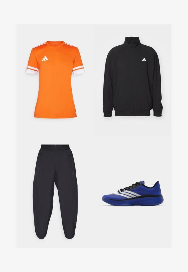 Černá vnější bunda vyrobená z lehkého materiálu, s vysokým límcem, zipovým zapínáním, elastickými manžetami a bílým logem na levé straně.; Oranžový sportovní dres s krátkými rukávy, bílými pruhovanými manžetami a logem Adidas na levém rameni, vyrobený z hladkého, prodyšného materiálu.; Černé sportovní kalhoty s elastickým pasem, bočními kapsami na zip, zúženými nohavicemi a decentním logem na pravém stehně.; adidas Performance ADIZERO SELECT 3.0 - Basketbalové boty - lucid blue/core black/metallic