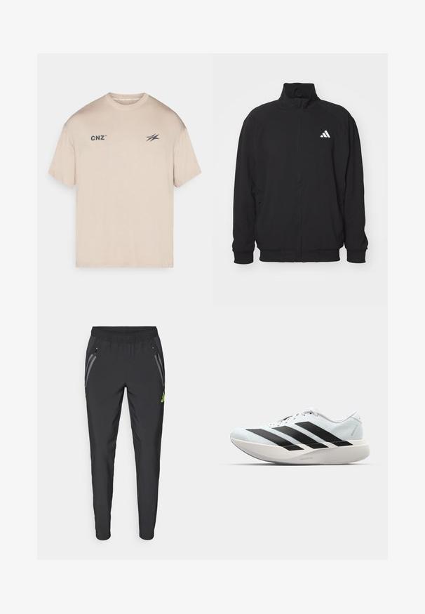 Sort yderjakke lavet af letvægtsstof, med høj krave, lynlås lukning, elastiske manchetter og et hvidt logo på venstre side.; Beige kortærmet t-shirt lavet af blødt stof, med et lille "CNZ" logo og et grafisk element på fronten. Klassisk rund hals design.; adidas Performance REAL MADRID TIRO25 PRO VIS TECH TRAVEL PANT - Klub merchandise - black/lucid lemon; Letvægtige løbesko i lys blå med sorte striber. Har en glat overdel, rund tå og tyk hvid mellemsål mærket "LIGHTSTRIKE PRO."