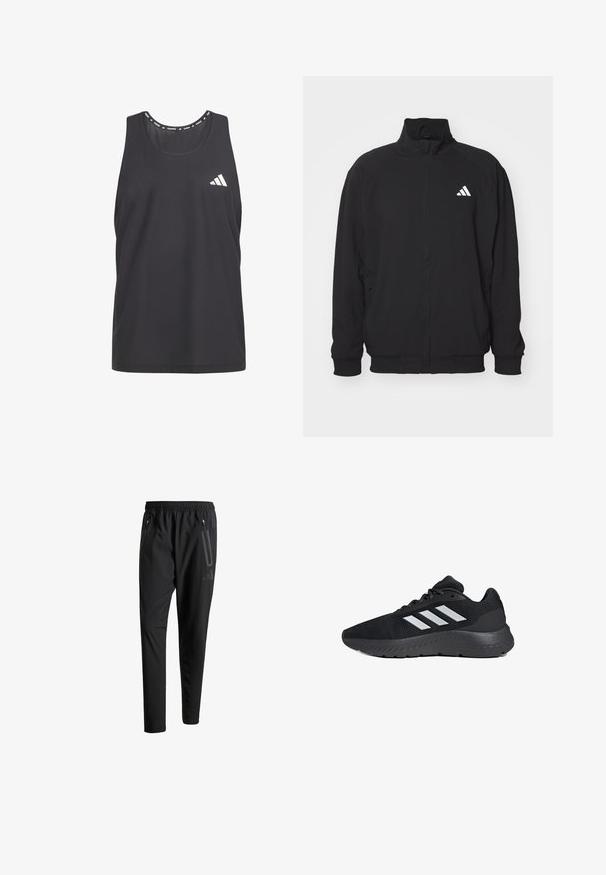 Black outer jacket made of lightweight fabric, featuring a high collar, zip closure, elastic cuffs, and a white logo on the left side.; Black athletic tank top featuring breathable mesh material, rounded neck, and white Adidas logo on the left chest.; Black athletic pants with an elastic waistband, two zippered side pockets, tapered legs, and a subtle logo detail on the hip.; Black athletic shoe with mesh upper, three white stripes, cushioned sole, and textured detailing along the outsole.