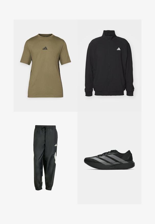 Crna vanjska jakna izrađena od lagane tkanine, s visokim ovratnikom, zatvaranjem na zip, elastičnim manžetama i bijelim logom s lijeve strane.; Maslinasto zelena majica kratkih rukava izrađena od mekanog materijala, s crnim Adidas logotipom na prsima i crnim detaljima na stranama.; Crne sportske hlače s elastičnim pojasom, podesivom špagom i bijelim bočnim detaljima. Izrađene od glatkog, laganog materijala.; Crne atletske tenisice s laganim dizajnom, koje imaju tri istaknute sive pruge, glatku teksturu i oblikovanu pogodnu potplat.