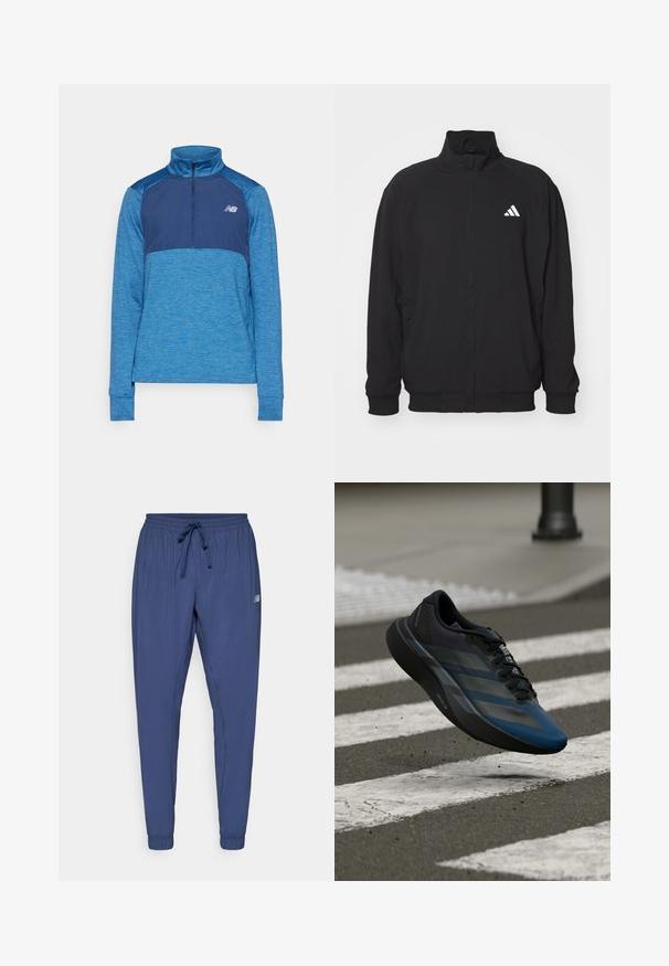Fekete, könnyű anyagból készült külsődzseki, magas gallérral, cipzáros záródással, rugalmas mandzsettákkal és fehér logóval a bal oldalon.; Hosszú ujjú sportpóló különböző kék árnyalatokban. Félcipzáras gallérral, texturált anyaggal és logóval a mellkason.; Tengerészkék sportnadrág, elasztikus derékrésszel, behúzó zsinórral és beszűkülő szárakkal. Oldalsó zsebekkel és egy kis logóval az egyik lábon.; Fekete és kék sportcipő áramvonalas kialakítással, texturált felsőrésszel, kontrasztos csíkokkal és párnázott talppal, járda fölött lebegve.