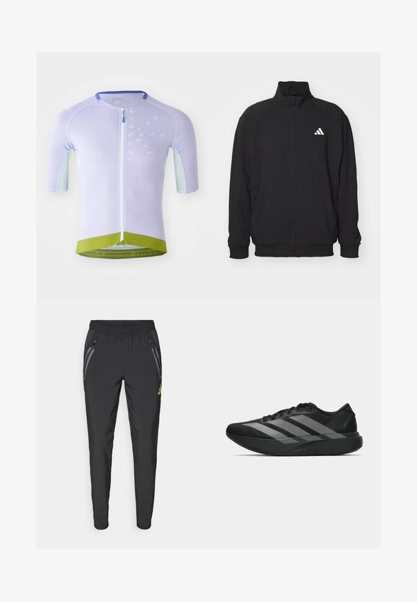Black outer jacket made of lightweight fabric, featuring a high collar, zip closure, elastic cuffs, and a white logo on the left side.; Light purple cycling jersey with short sleeves, textured mesh fabric, full zipper, and green bottom hem featuring brand logo in black.; adidas Performance REAL MADRID TIRO25 PRO VIS TECH TRAVEL PANT - Club wear - black/lucid lemon; Black athletic shoes with a lightweight design, featuring three prominent gray stripes, a smooth texture, and a contoured sole.