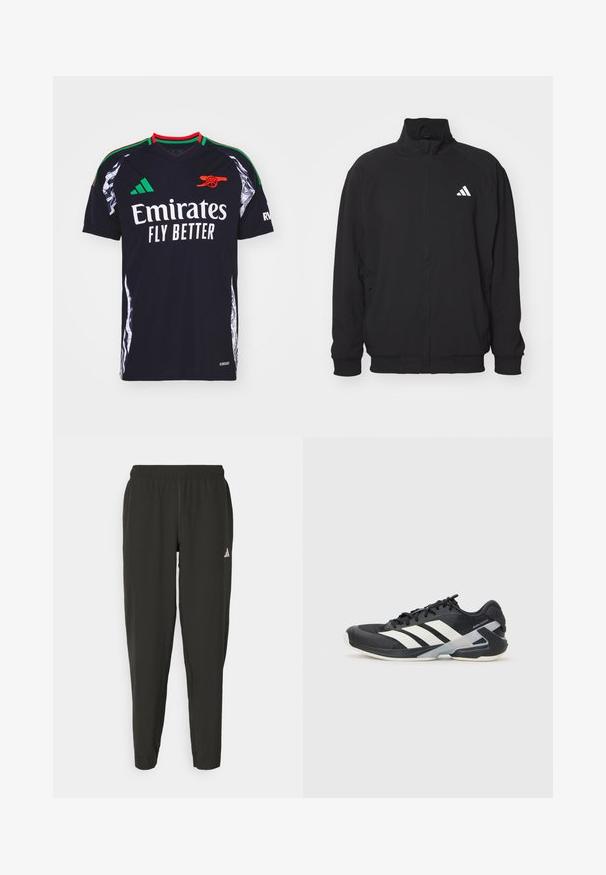 Veste extérieure noire en tissu léger, avec un col haut, fermeture éclair, poignets élastiques et un logo blanc sur le côté gauche.; Maillot de football noir à manches courtes, orné d'accents rouges et verts, avec le logo blanc "Emirates Fly Better". Comprend des panneaux latéraux à motifs et le logo Adidas.; Pantalons de sport noirs avec une taille élastique, coupe slim et logo blanc sur la jambe gauche. Tissu lisse et léger.; Chaussure de sport noire avec des rayures blanches, tige en mesh, bout arrondi et semelle rembourrée. Comprend un talon texturé et un système de laçage sécurisé.